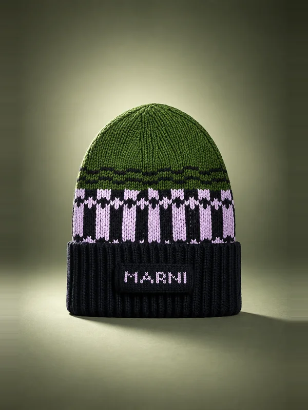 Marni Wool Beanie With Geometric Motif - Stone Green