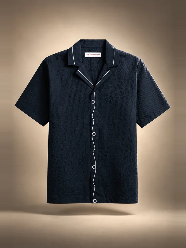 Orlebar Brown Maitan Relaxed Fit Embroidered Seersucker Shirt - Night Iris