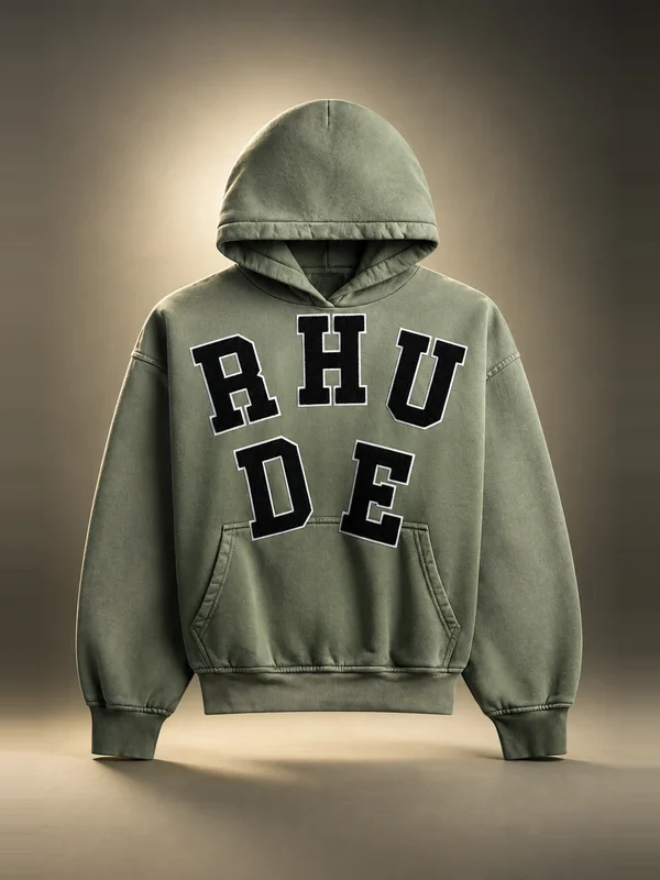Rhude Chenille Patch Logo Hoodie - Washed Olive / Black