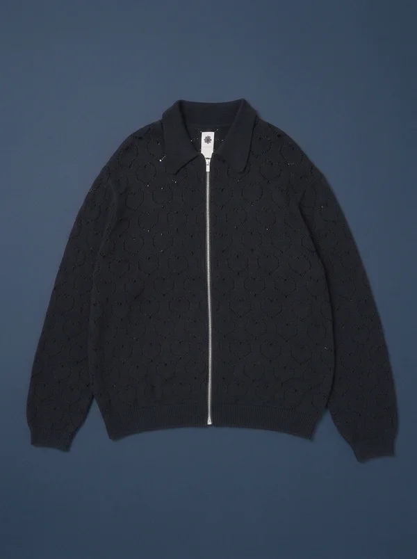 vowels Eyelet Knitted Zip Up Sweater - Black